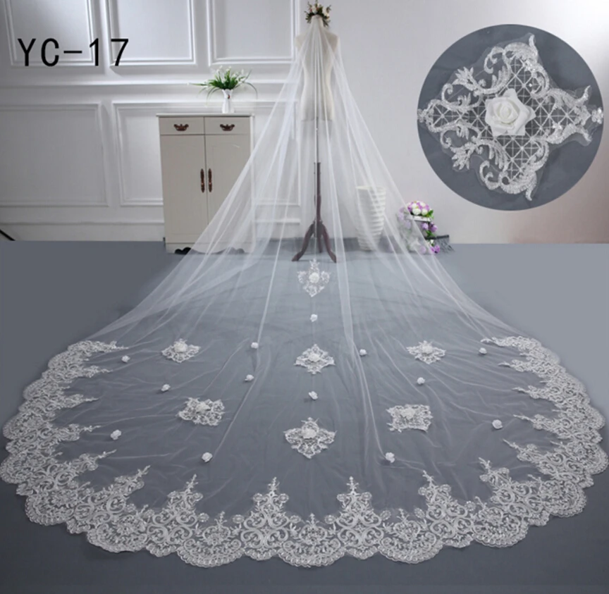 Voile Mariage 4M One Layer Lace Edge White Ivory Cathedral Wedding Veil Long Bridal Cheap Accessories Veu de Noiva | Свадьбы и