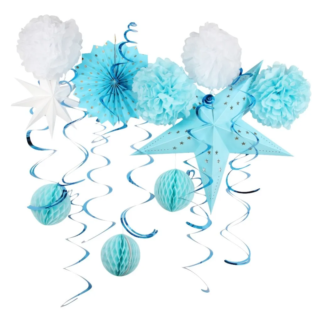 

Birthday Party Baby Shower Decorations Set For Boys Girls Kids Adult 11pcs/set Blue &Pink Hanging Swirl Paper Star Fans