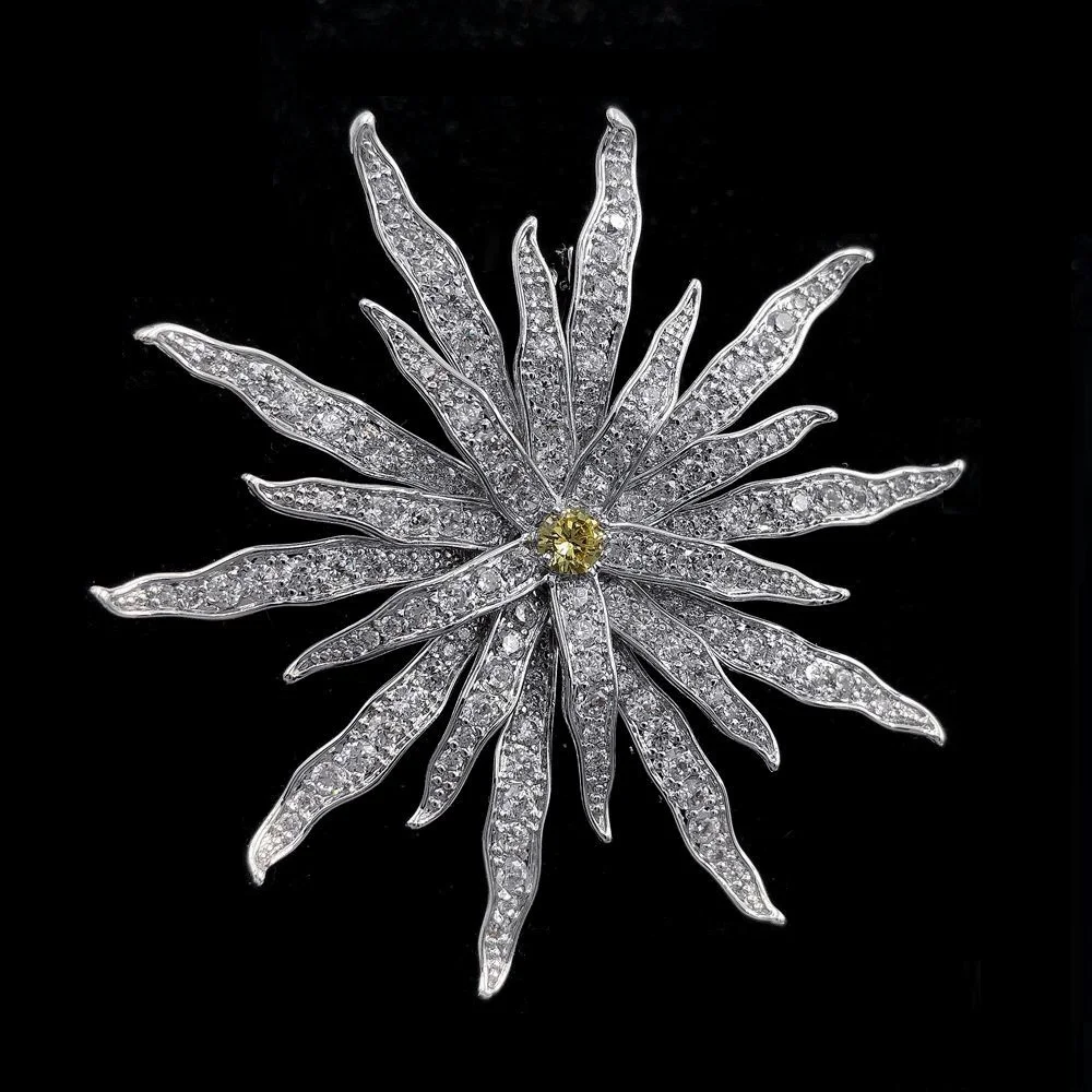 Festival Vintage Micro Pave CZ Firework Brooches Silver Tone Multi Petals Domed Yellow Stone Flower Pins Broach for Cape Jewelry | Украшения