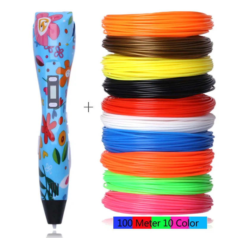 Pen With 100M PLA Новая модель 3d Волшебное перо, печатающая 3d-ручка, набор, ручки для рисования с 100 м 10 цветов сменным пла-пластиковым наполнением, для подарка на день рождения - Цвет: Pen With 100M PLA