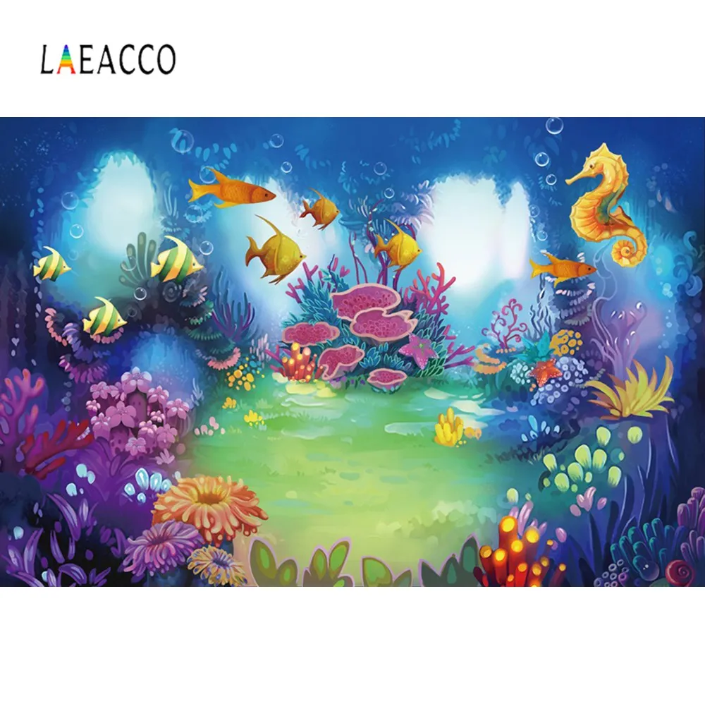 

Laeacco Baby Cartoon Fish Window Coral Bubble Underwater Ocean Birthday Photo Backgrounds Photography Backdrops For Photo Studio