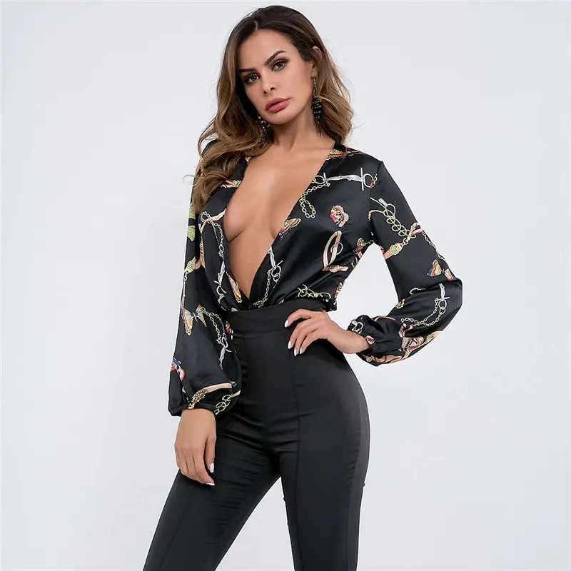 Черные цепи печати блузка тело топ сексуальный глубокий V шеи боди combishirts Femme с