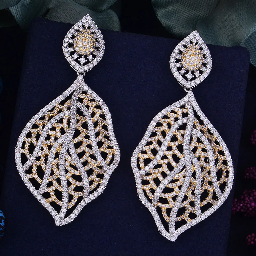 Женские серьги GODK 68 мм роскошные с пустотелым листом и фианитом|earrings fashion|women fashion