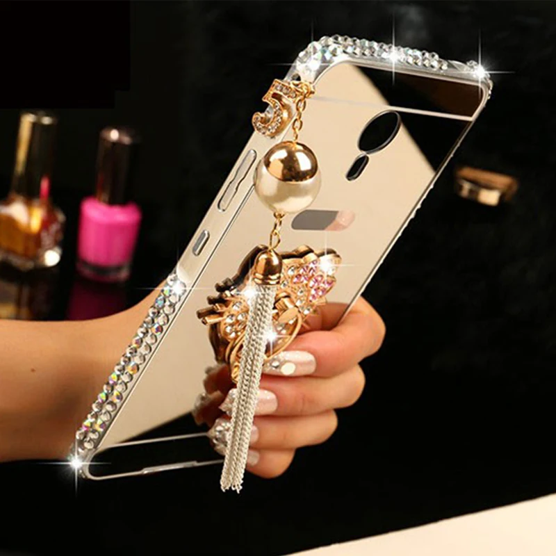Mirror Back Cover Case For Samsung Note 4 5 J3 J310 J710 A8 A7 2015 S4 Rhinestone Diamond Tassel Cat Kickstand Phone |