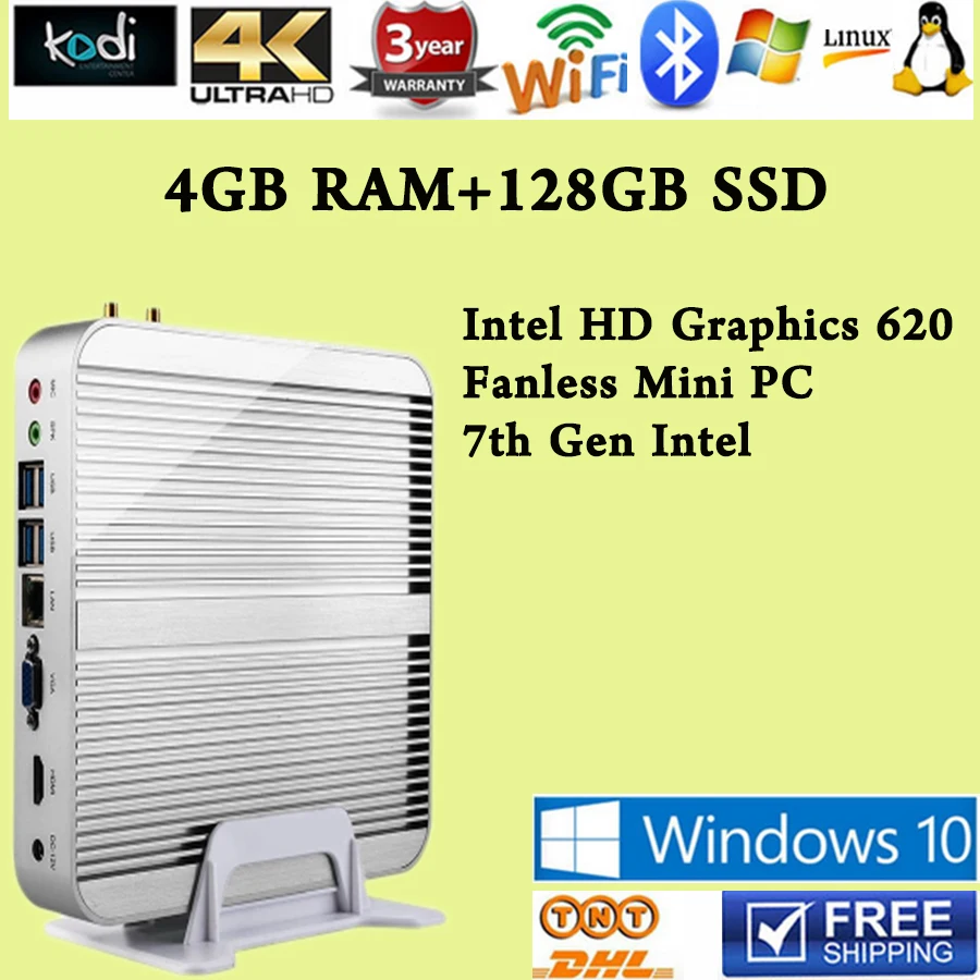 [7TH Gen Intel Core i5 7200u] 4 ГБ Оперативная память 128 SSD Win10 Мини ПК Max 3.1 ГГц без вентилятора NUC