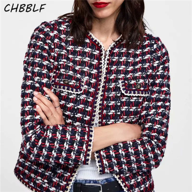 CHBBLF vintage tweed клетчатая куртка пальто карманы украшения Длинные рукава Ретро
