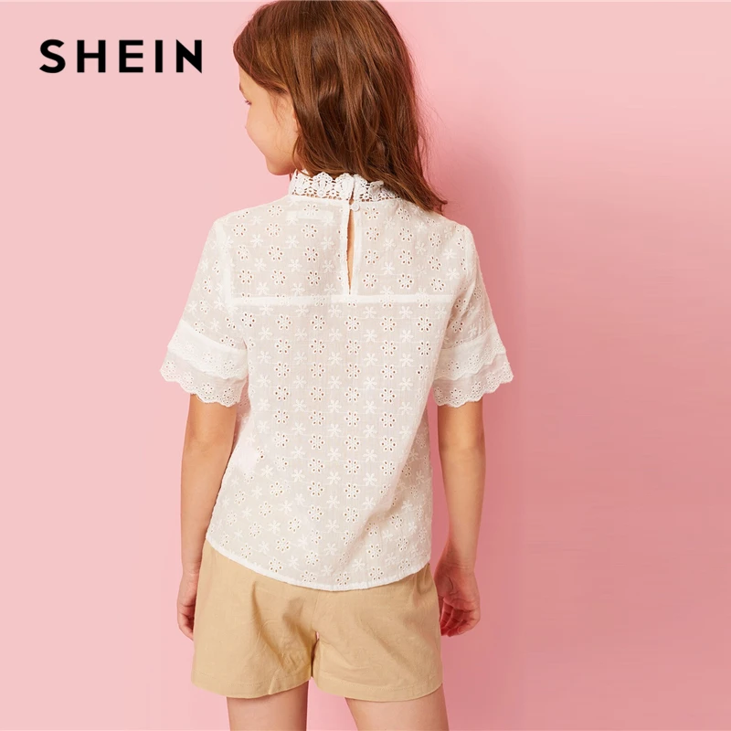 SHEIN Kiddie Ginger/однотонная кружевная блузка с рюшами и проймой для подростков г., летняя детская блузка с рукавами-бабочками на пуговицах, рубашка