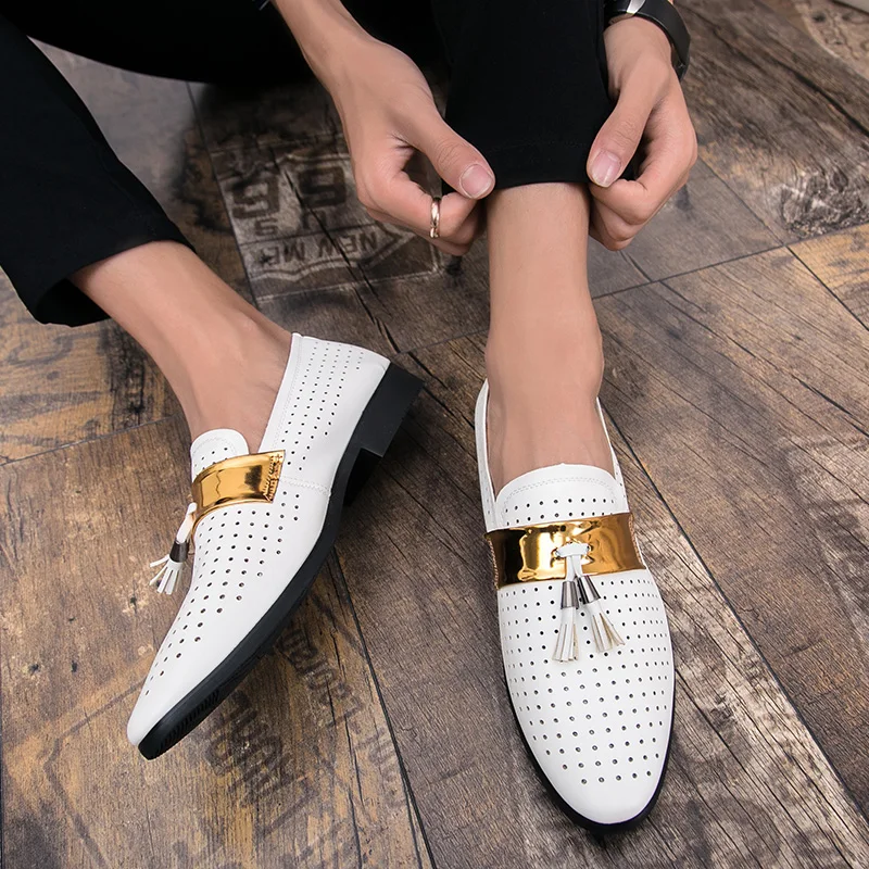 

Plus Size Summer Casual Leather Shoes Men Breathable Hollow Loafers Zapatos De Hombre Tassel Fashion Business Men Shoes Hot Sale