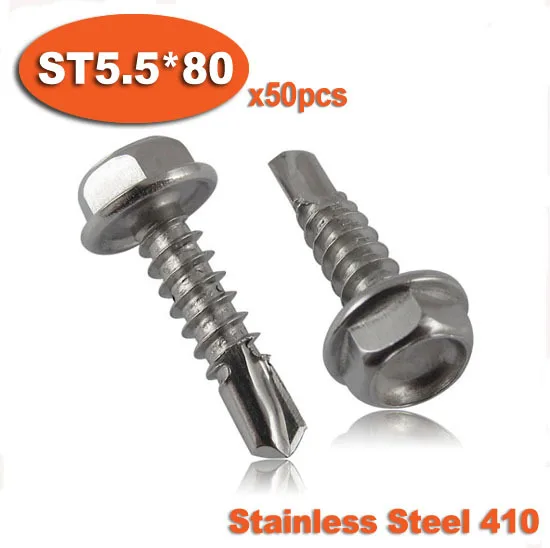 

50pcs DIN7504K ST5.5 x 80 410 Stainless Steel Hexagon Hex Head Self Drilling Screw Screws