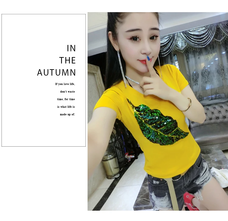 Camisetas mujer verano, летние хлопковые футболки с блестками, женские топы с коротким рукавом, женские футболки, желтые, черные, для девушек
