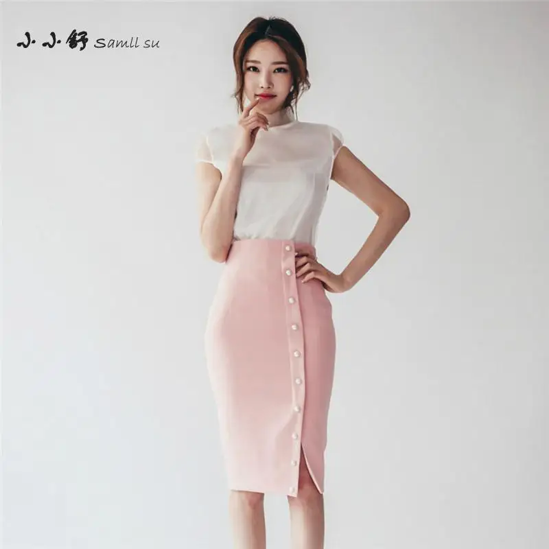 2 Piece Set Summer Office White Chiffon Women Sundress Bandage Vintage Sexy Bodycon Pink Pencil Dresses 2017 Vestidos De Festa | Женская