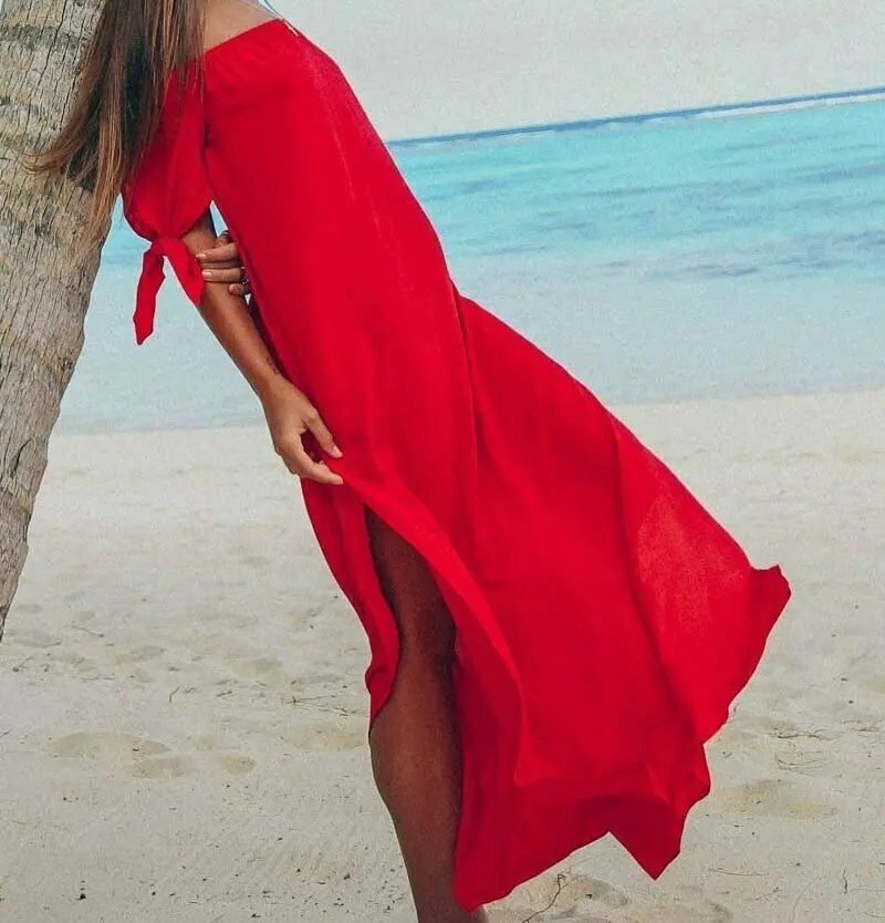 Женское длинное Пляжное Платье макси с открытыми плечами и бантом однотонное