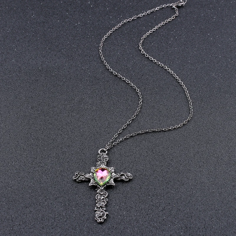 Rock Vintage Punk Jewelry Carving Cross Necklace With A Beautiful Crystal Zinc Alloy Chain Necklaces Women and Men Party Gift | Украшения и