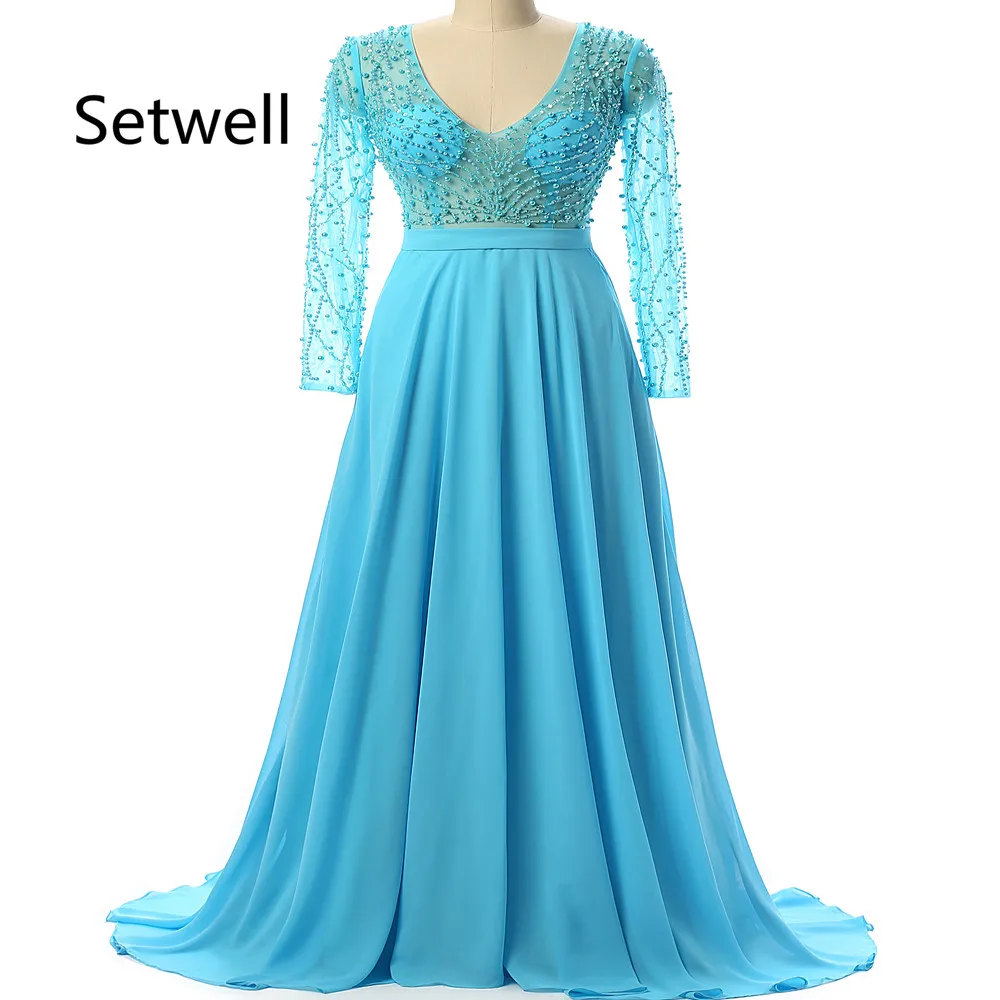 

Setwell Elegant Long Sleeve Evening Dresses 2017 Sexy V-Neck Illusion Back Chiffon Prom Gowns Handmade Beads Evening Dress