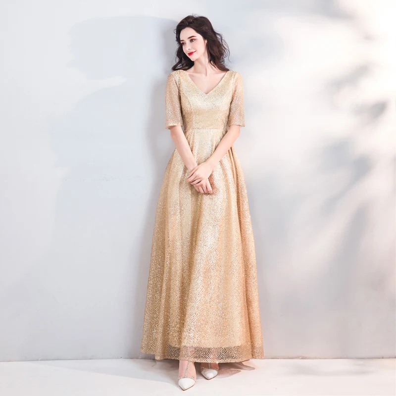 SSYFashion новый простой вечернее платье Champagne Gold Половина рукавами v-образным вырезом