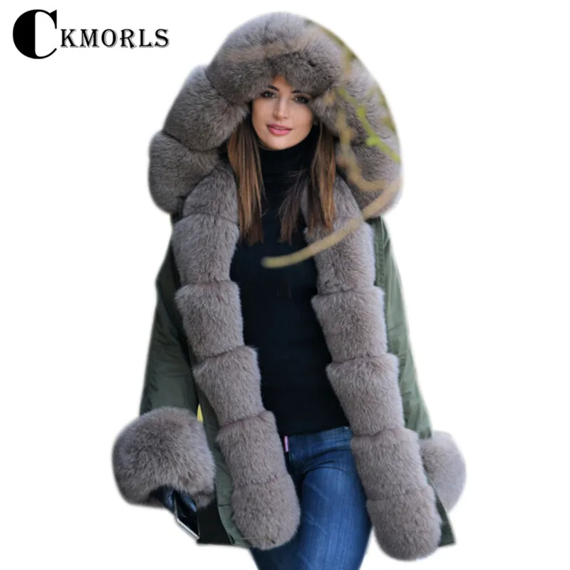 CKMORLS новые парки из натурального Лисьего меха для женщин куртки с воротником из лисьего меха 80 см длинное пальто размера плюс Толстая однотонная куртка меховая парка