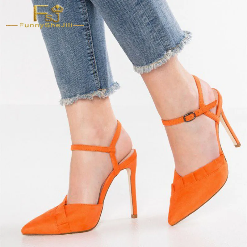 

FSJ Women Shoes Ladies Pumps Orange Pleat Detail Pointy Toe Slingback Heels Office 2021 Spring Autumn Plus Size 11 12 13