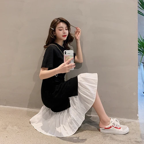 2019 Summer Women Faux Two Pieces Dress Vestido De Festa Ropa Mujer Casual Loose Short Sleeve O-neck Black Yellow BV90 | Женская одежда