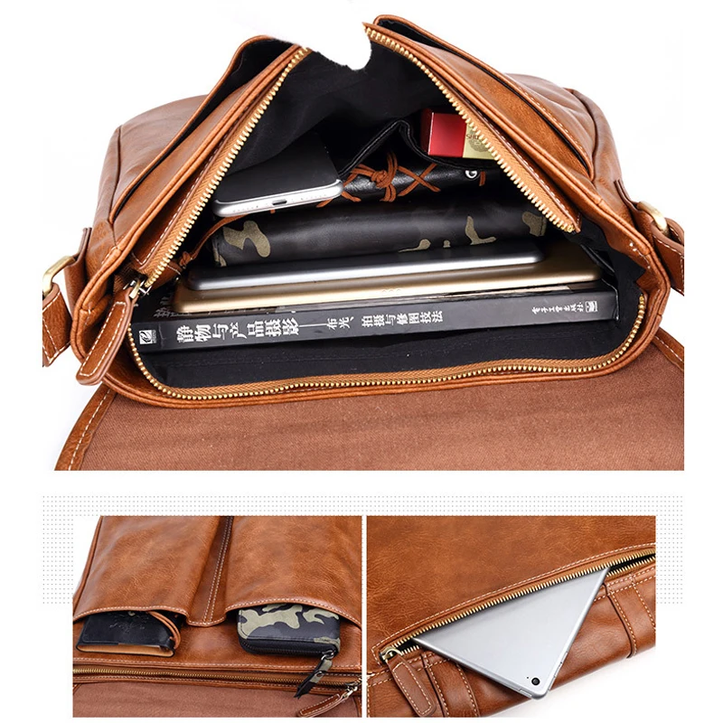 New Messenger Bag Men Retro PU Leather Men's shoulder bags male Casual Zipper Crossbody Bags clutch for men travel |