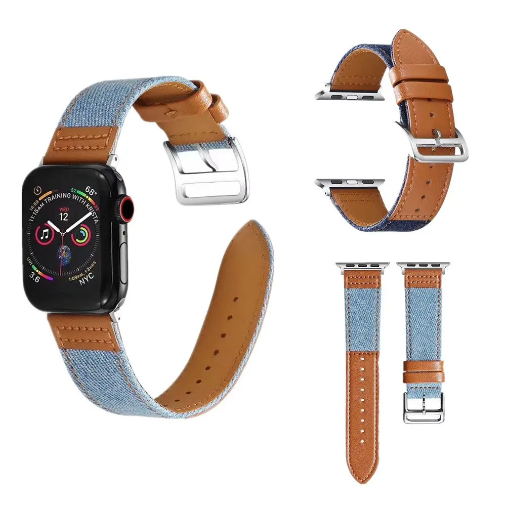 Ремешок кожаный для Apple Watch 6 Band 44 мм 42 40 38 прочный браслет с прострочкой из