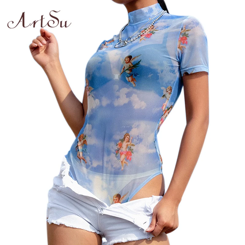 ArtSu женский сексуальный комбинезон прозрачный с принтом ангела уличная одежда