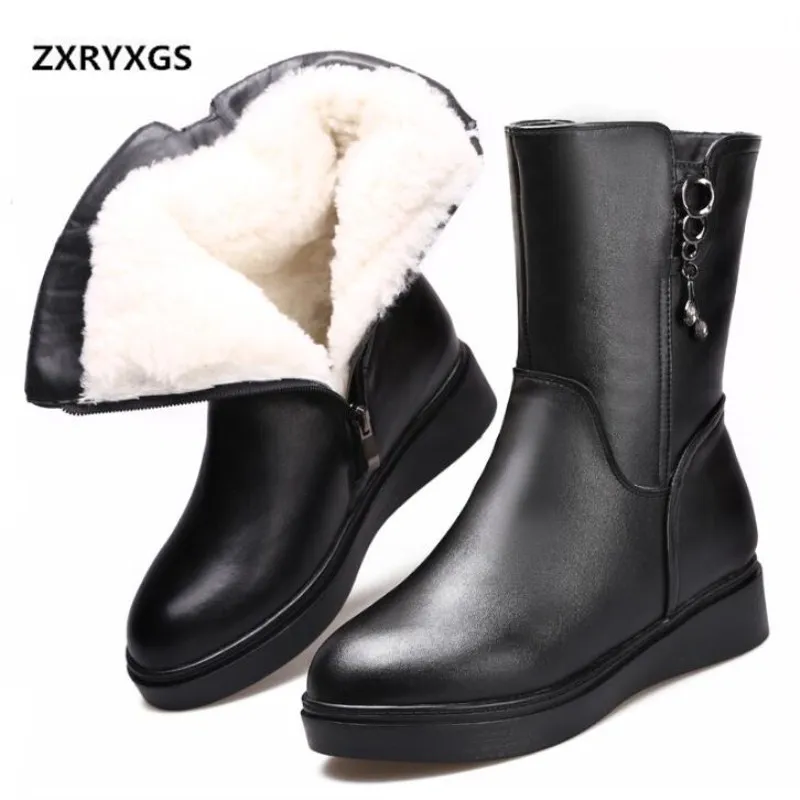 

ZXRYXGS Brand Shoes Woman Boots Flat Warm Comfort Wool Boots 2021 Newest Fashion Casual Cowhide Leather Boots Winter Snow Boots