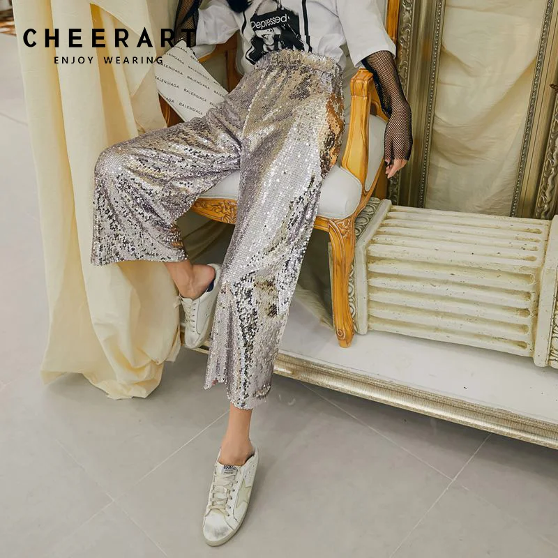 Cheerart штаны с пайетками женские широкими штанинами весна лето свободные брюки