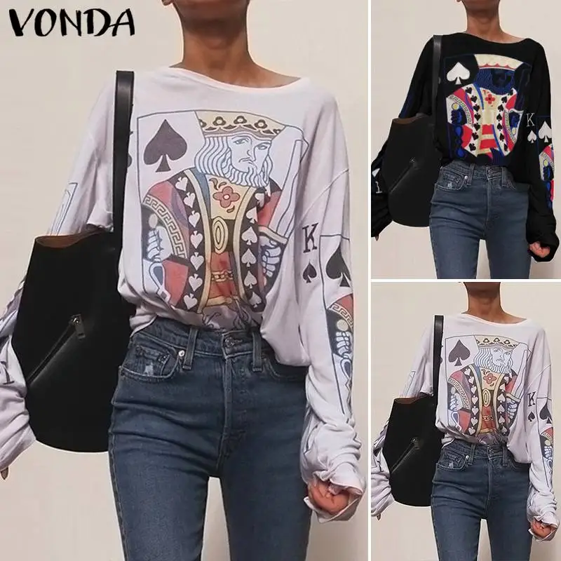 VONDA Для женщин с О-образным вырезом осень-зима базовые Топы принтом 2019 свободные