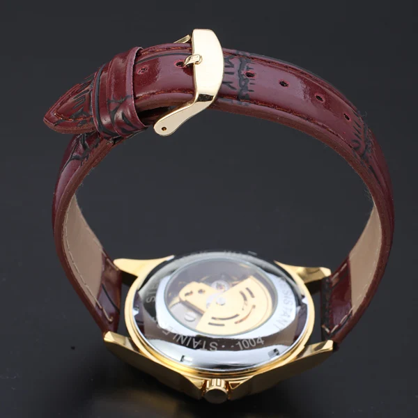 WINNER элегантные черные кожаные автоматические золотые скелетоны Римский