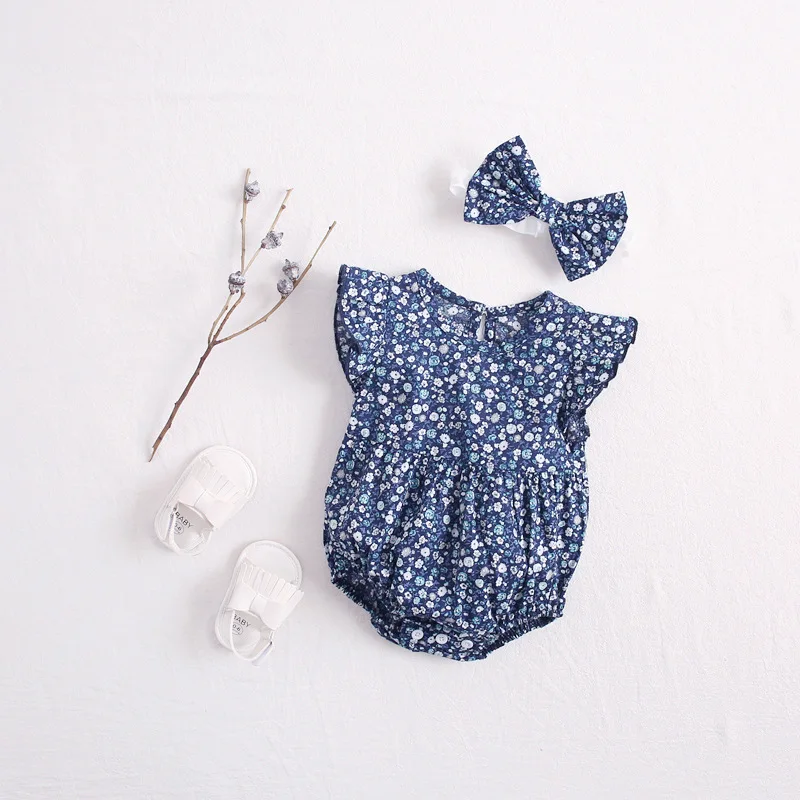 

Summer Girl Baby Floral Haber Baby Cotton Siamese Climbing Suit with Hair Band Toddler Romper Baby