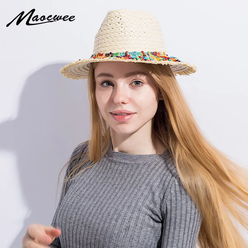 

Girl Jazz Straw Hat Foldable Solid Flat Top Hats Wide Brim Panama for Women With Fashion Colorful Tassels Sun Hat Panama Beach