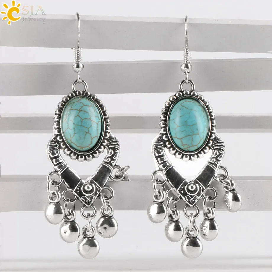 CSJA девушка винтажные серебряные серьги Овальный Зеленый Хаулит Любовь Сердце