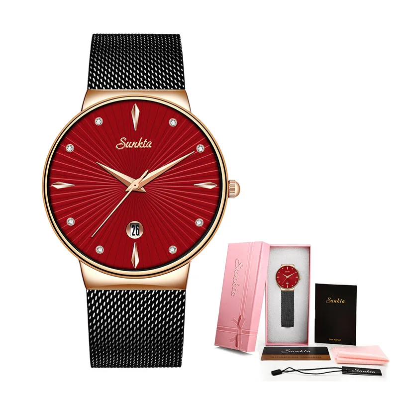 Rose gold red SUNKTA, женские часы, Лидирующий бренд, Роскошные, для девушек, с сетчатым ремешком, ультратонкие часы, нержавеющая сталь, водонепроницаемые часы, кварцевые часы, Reloj Mujer - Цвет: Rose gold red