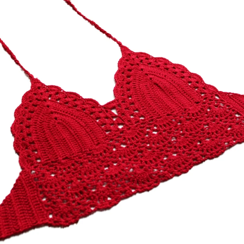 Knitting Halter Tank Top Sexy Women Deep V Crochet Bralette Bra Boho Beach Backless Cami Crop Top - Цвет: Красный