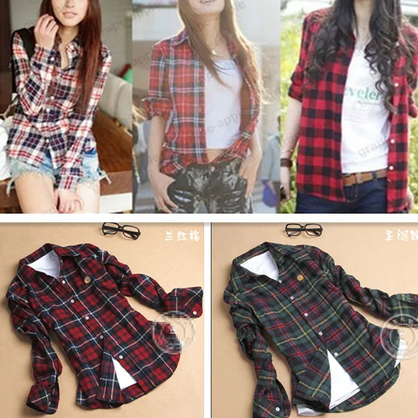 New Fashion Womens Tops Casual Blouse Turndown Collar Long Sleeve Plaids Print Pattern Flannel Shirt Free&ampDrop Shipping |