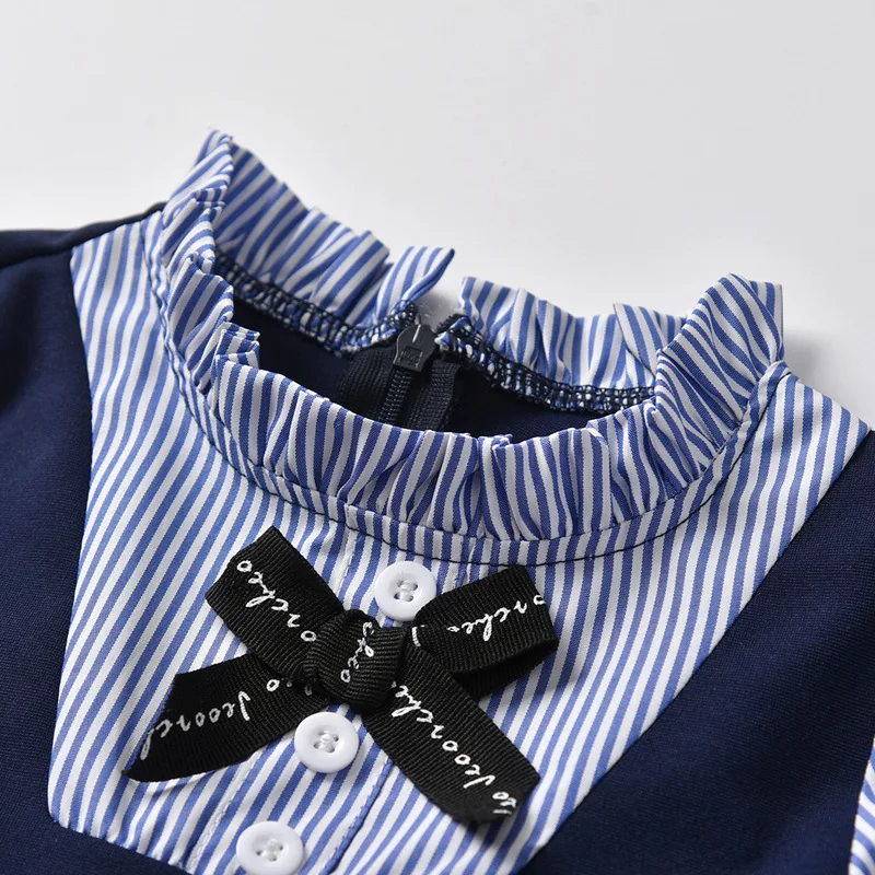 Girls Pleated Dresses Navy Striped Patchwork School Wear Ruffle Bowknot Princess Puff Sleeve For | Детская одежда и обувь