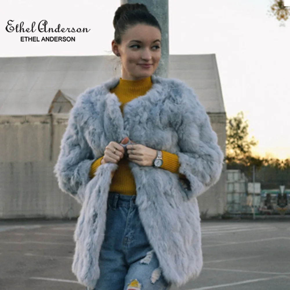 Этель Anderson зимнее женское пальто из натурального кроличьего меха, круглый вырез, толстое теплое длинное коврик для ползания Меховая куртка ... от AliExpress RU&CIS NEW