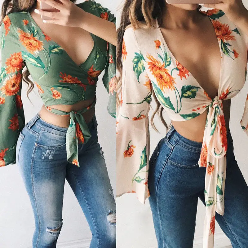 Женский укороченный Топ с длинным рукавом и V образным вырезом|Блузки| |