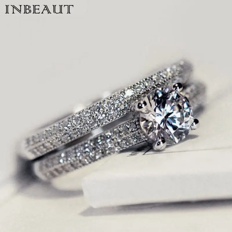 Platinum Plated INBEAUT, Женское Обручальное кольцо, набор сверкающих, идеальная круглая огранка, циркониевые кольца, Женские Ювелирные изделия для вечеринки, 2 цвета, серебро и розовое золото - Цвет основного камня: Platinum Plated