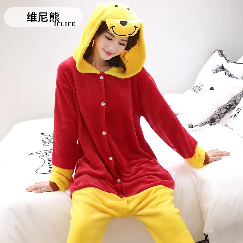 Adults Animal Kigurumi Winnie Bear Pajamas Sets Sleepwear Cosplay Zipper Onesie Hooded Women Men Winter Unisex Cartoon Pajamas