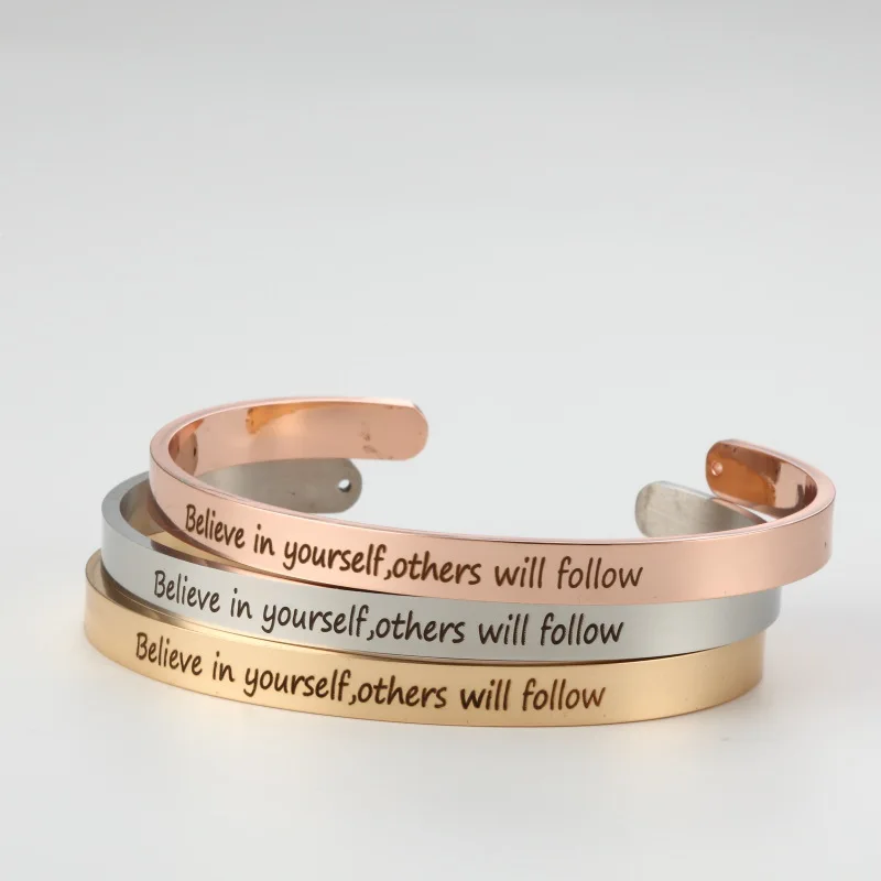 

Engraved Believe in yourself others will follow Bangle Rose Gold Stainless Steel Women Open Bracelets Jewelry 2019 Dropshipping