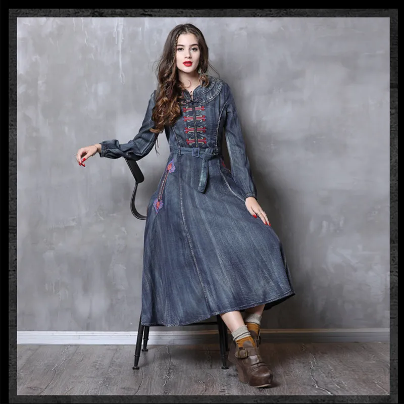 OMIKRON Boho, новинка, женское Синее джинсовое платье, Vestidos, рукав-фонарик, а-силуэт, женское платье, элегантное винтажное платье с вышивкой