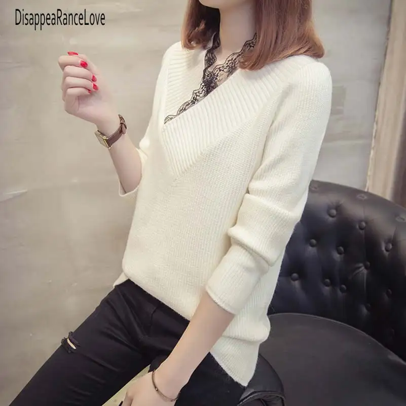 

Женский трикотажный джемпер, повседневный кружевной пуловер с V-образным вырезом и длинным рукавом, Осень-зима 2021