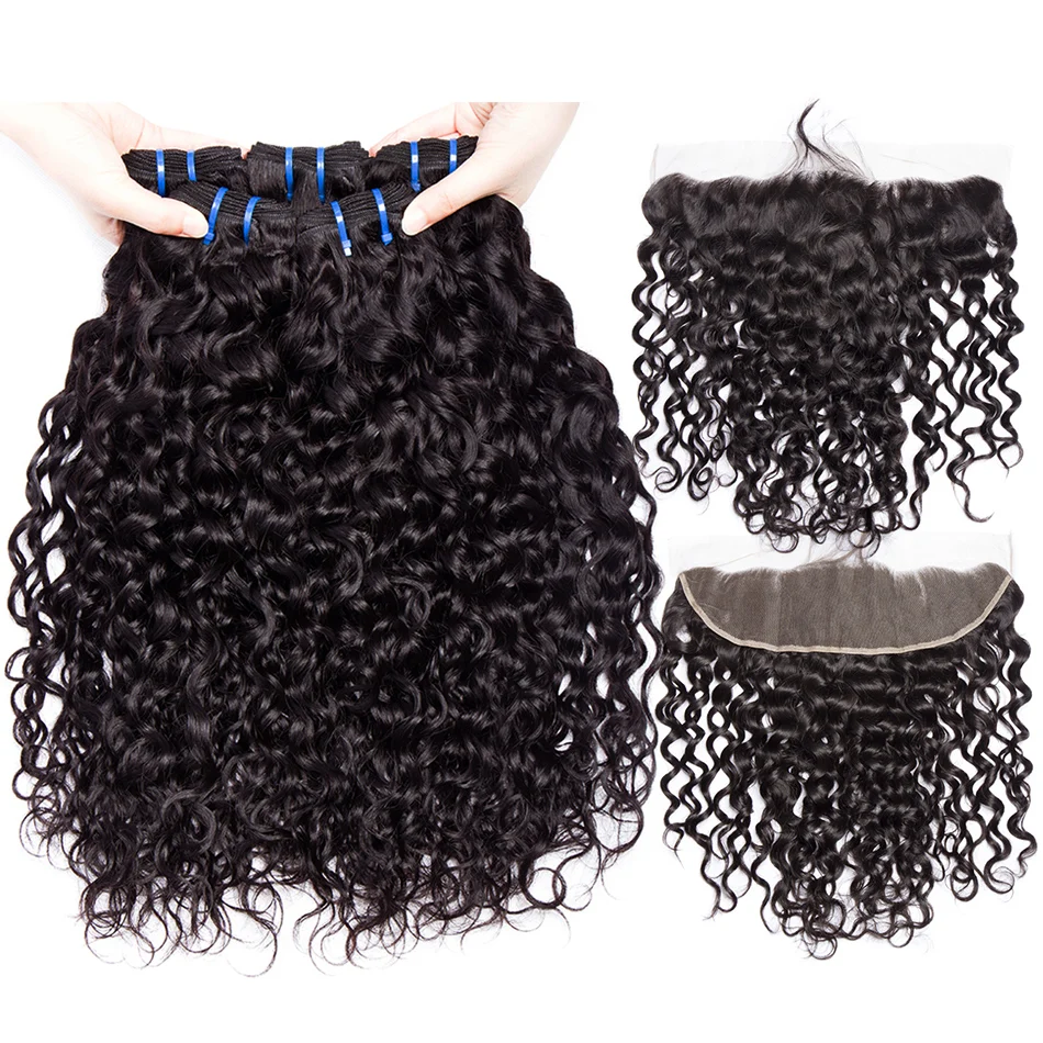 ALIBELE волосы 3 4 пучка с фронтальной Remy человеческие волна воды пучки застежкой