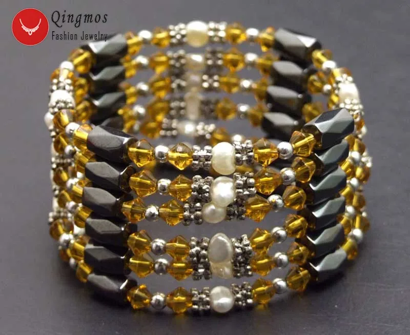 Qingmos 4-5mm Natural White Baroque Pearl Bracelet for Women with Orange Crystal &amp Black Hematite Long Necklace 36'' | Украшения