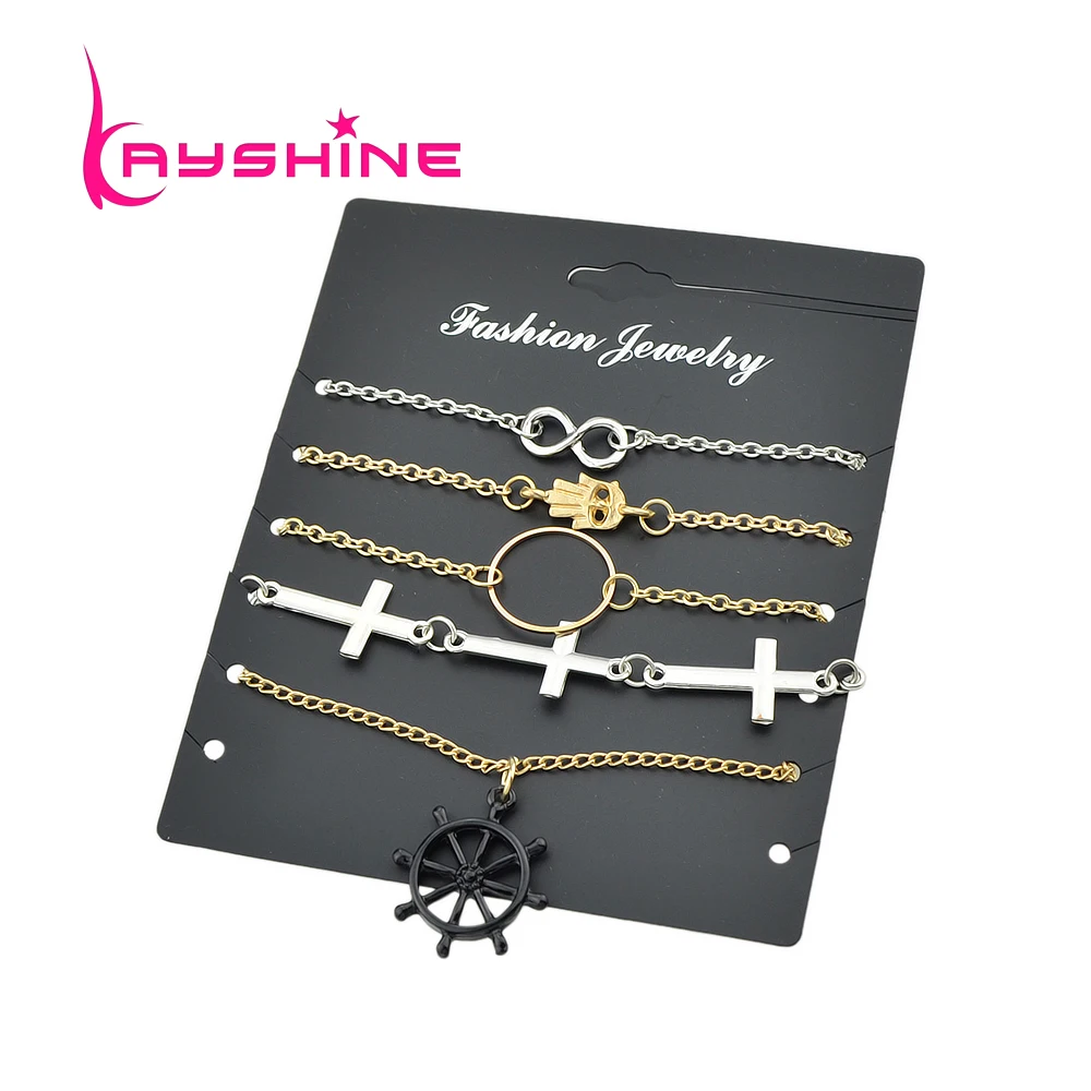 Kayshine 5 Pcs/Set Gold-Color Silver Color Link Chain Hand Cross Number Eight Rudder Circle Shape Charm Bracelet For Women | Украшения и