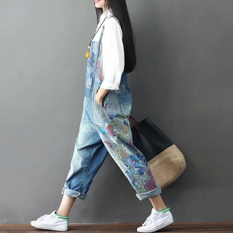 YDHR New Casual Denim Full Length Jumpsuits 2019 Summer Loose Patchwork Vintage Print 2 Colors Women y94 | Женская одежда