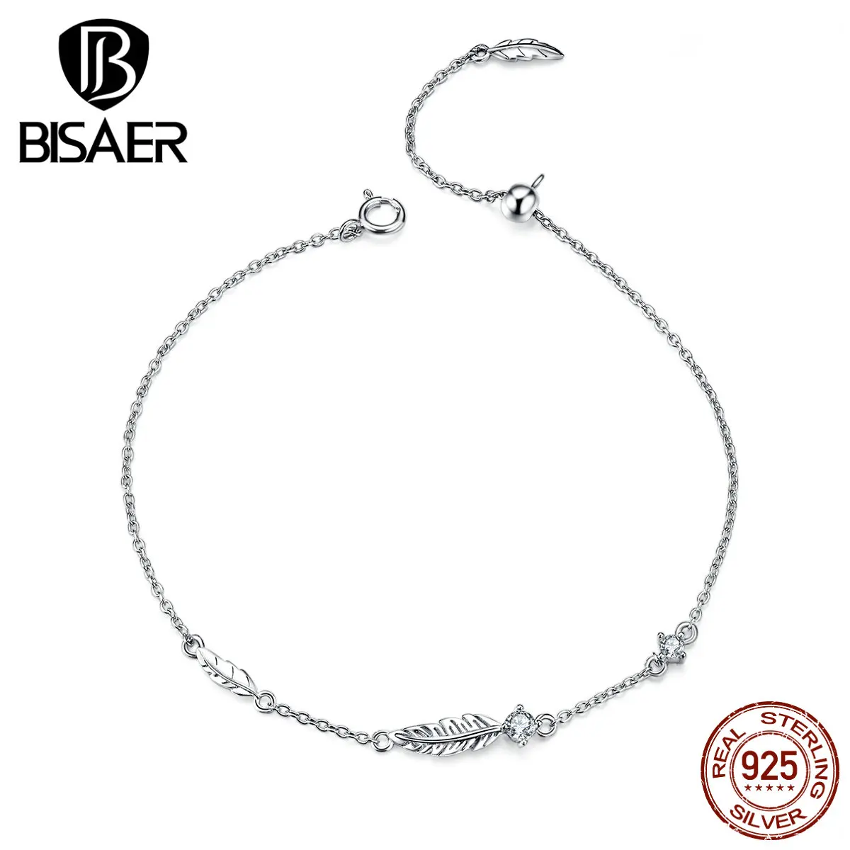 Женский винтажный браслет цепочка BISAER серебро 925 пробы с перьями застежка