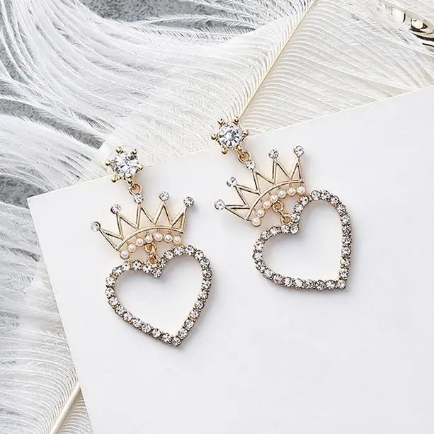 MENGJIQIAO Romantic Crystal Crown Love Heart Dangle Earrings Women Fashion Accessories Rhinestone Pendientes Lovely Gift | Украшения и