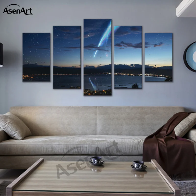 Аниме Распыление красок 5-ти панельная картина на холсте Япония Фильм "Твое имя" Современный постер Печать в рамке Картина на стене предметы декора для дома.